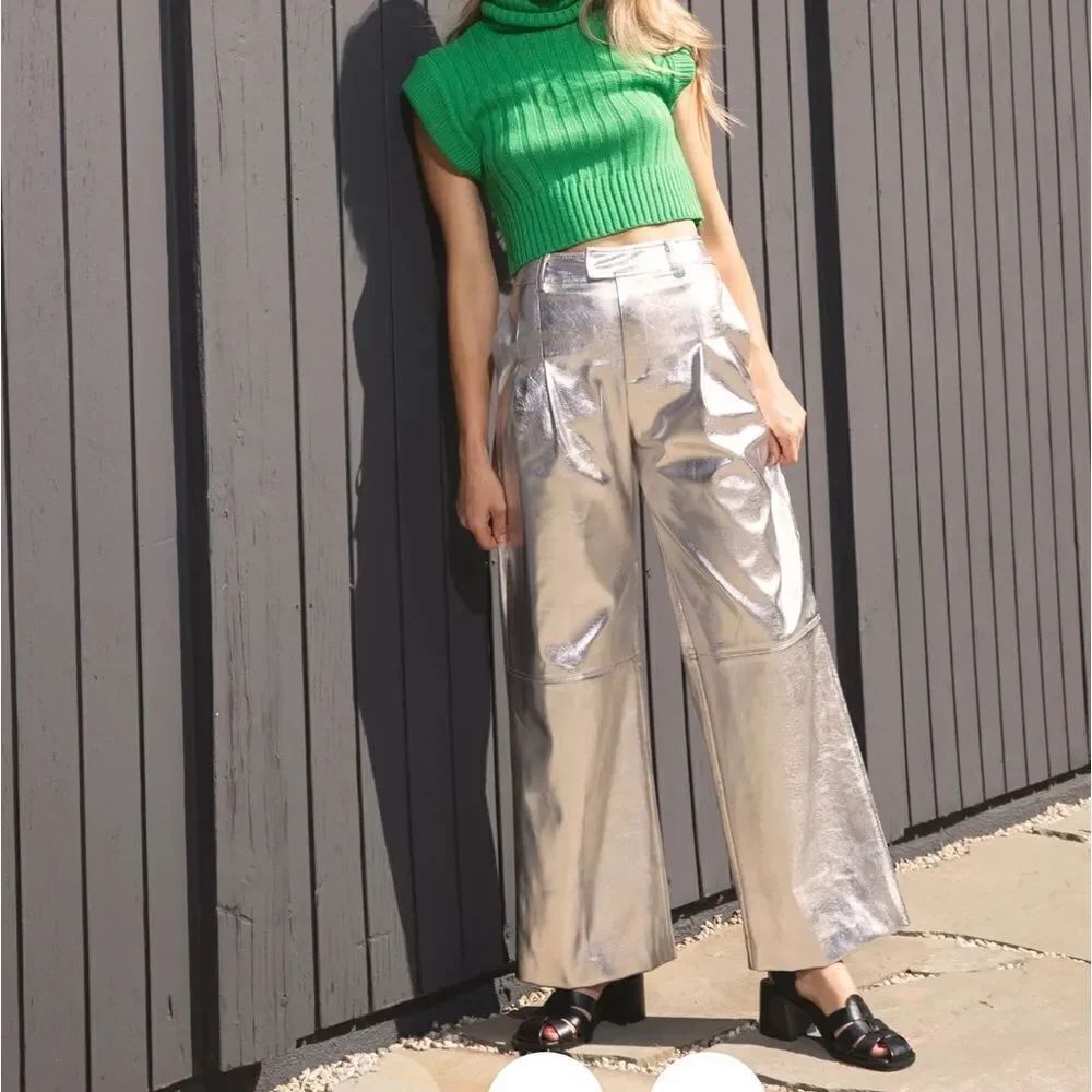 Line & Dot Tinsley Wide Leg Pant Silver Faux Leather High Waisted Trouser